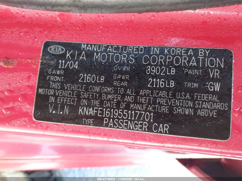 2005 Kia Spectra5 VIN: KNAFE161955117701 Lot: 43769423