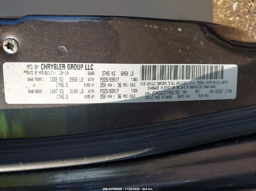 2015 Dodge Grand Caravan Sxt VIN: 2C4RDGCG7FR581783 Lot: 43769426