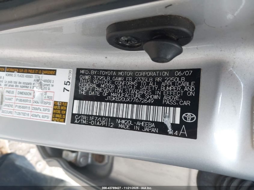 2007 Toyota Prius VIN: JTDKB20UX77672649 Lot: 43769427
