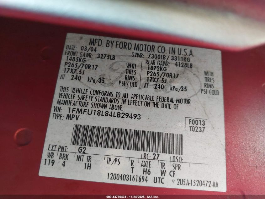 2004 Ford Expedition Eddie Bauer VIN: 1FMFU18L84LB29493 Lot: 43769431