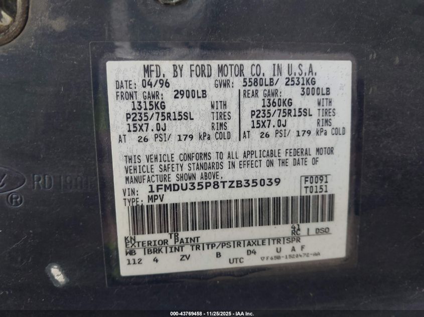 1996 Ford Explorer VIN: 1FMDU35P8TZB35039 Lot: 43769458