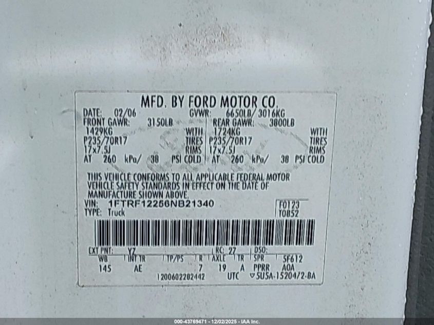 2006 Ford F-150 Stx/Xl/Xlt VIN: 1FTRF12256NB21340 Lot: 43769471