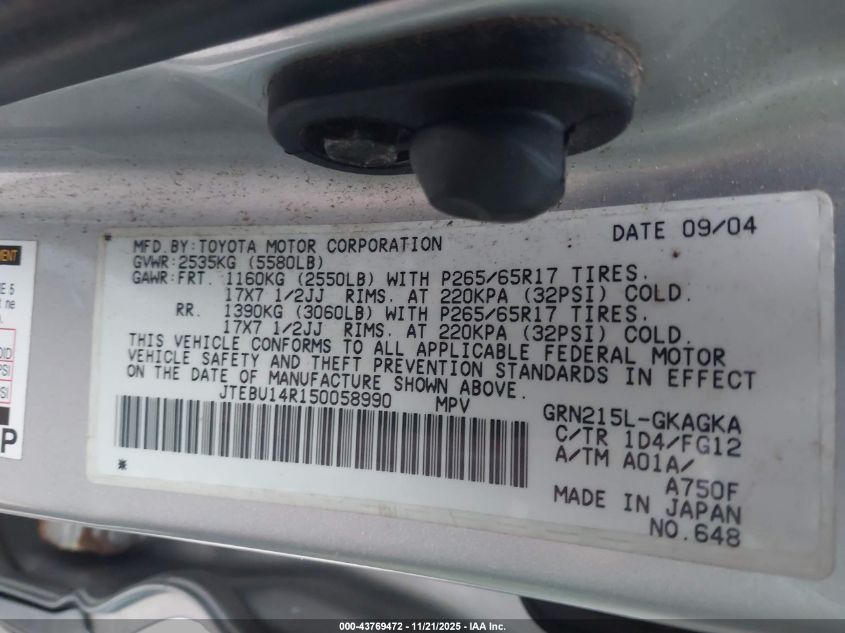 2005 Toyota 4Runner Sr5 V6 VIN: JTEBU14R150058990 Lot: 43769472