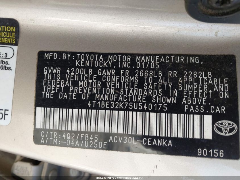 2005 Toyota Camry Le VIN: 4T1BE32K75U540175 Lot: 43769477