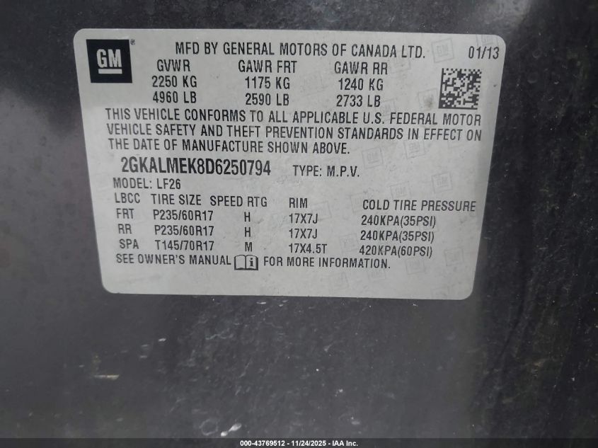 2013 GMC Terrain Sle-1 VIN: 2GKALMEK8D6250794 Lot: 43769512