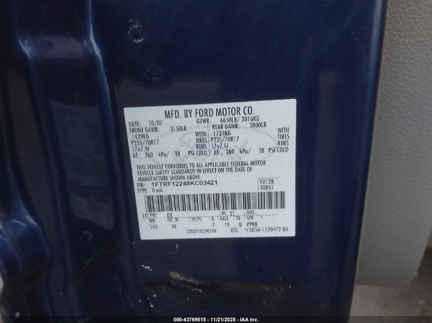 2008 Ford F-150 Stx/Xl/Xlt VIN: 1FTRF12248KC03421 Lot: 43769515