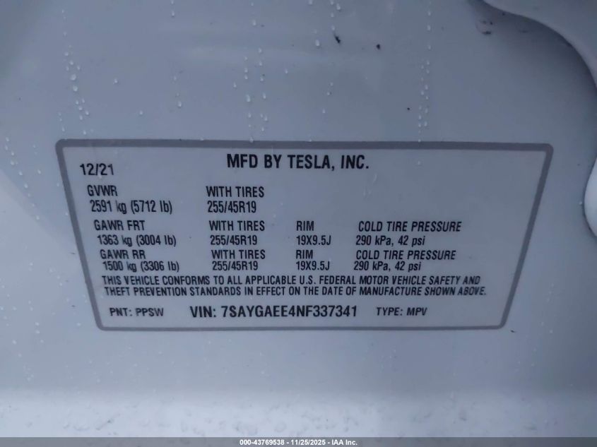 2022 Tesla Model Y Long Range Dual Motor All-Wheel Drive VIN: 7SAYGAEE4NF337341 Lot: 43769538