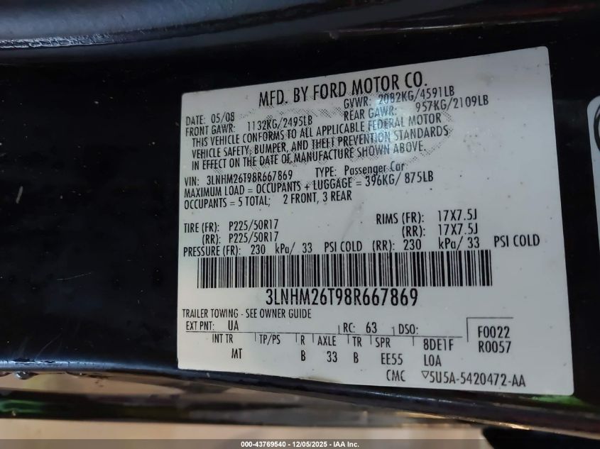 2008 Lincoln Mkz VIN: 3LNHM26T98R667869 Lot: 43769540