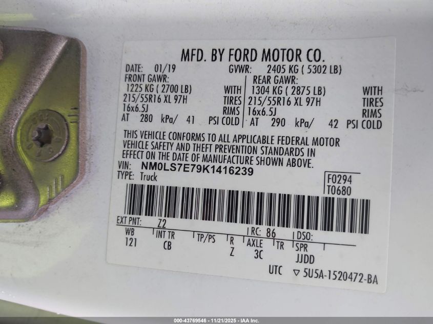 2019 Ford Transit Connect Xl VIN: NM0LS7E79K1416239 Lot: 43769546