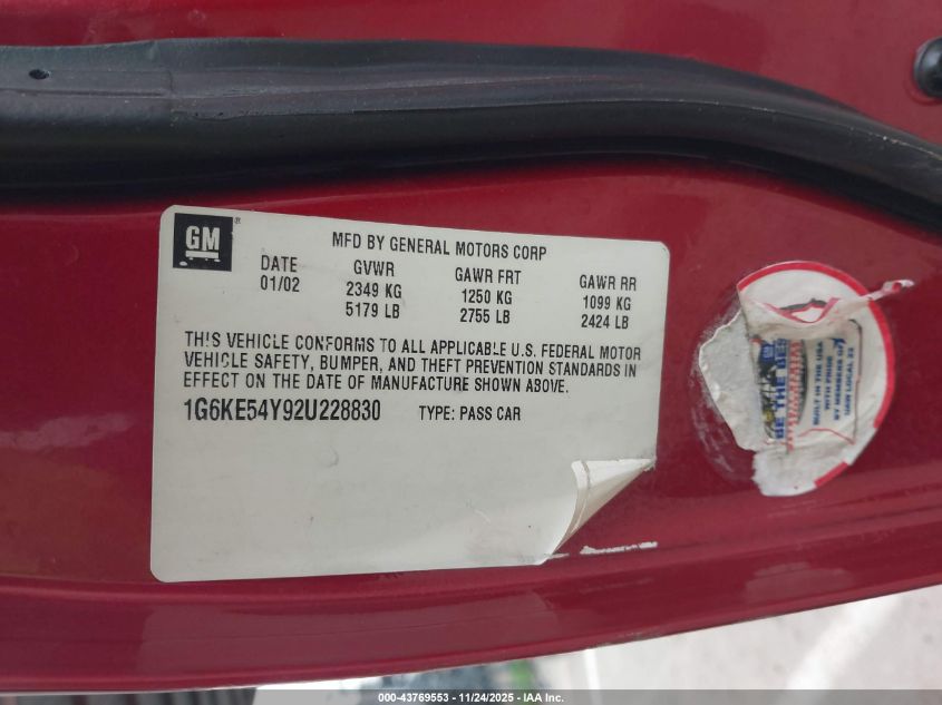 2002 Cadillac Deville Dhs VIN: 1G6KE54Y92U228830 Lot: 43769553