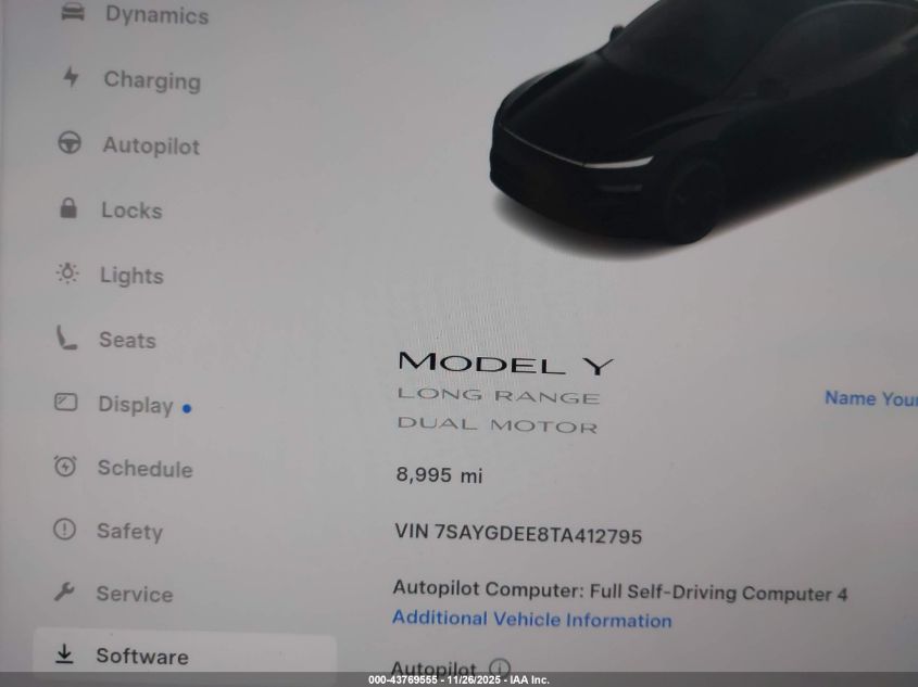 2026 Tesla Model Y Long Range Dual Motor All-Wheel Drive/Long Range Launch Series VIN: 7SAYGDEE8TA412795 Lot: 43769555