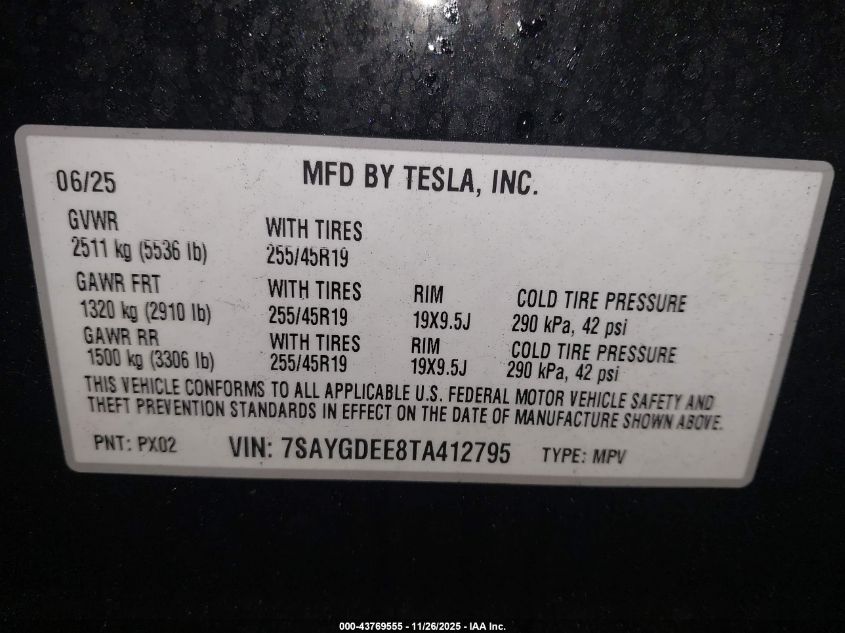 2026 Tesla Model Y Long Range Dual Motor All-Wheel Drive/Long Range Launch Series VIN: 7SAYGDEE8TA412795 Lot: 43769555