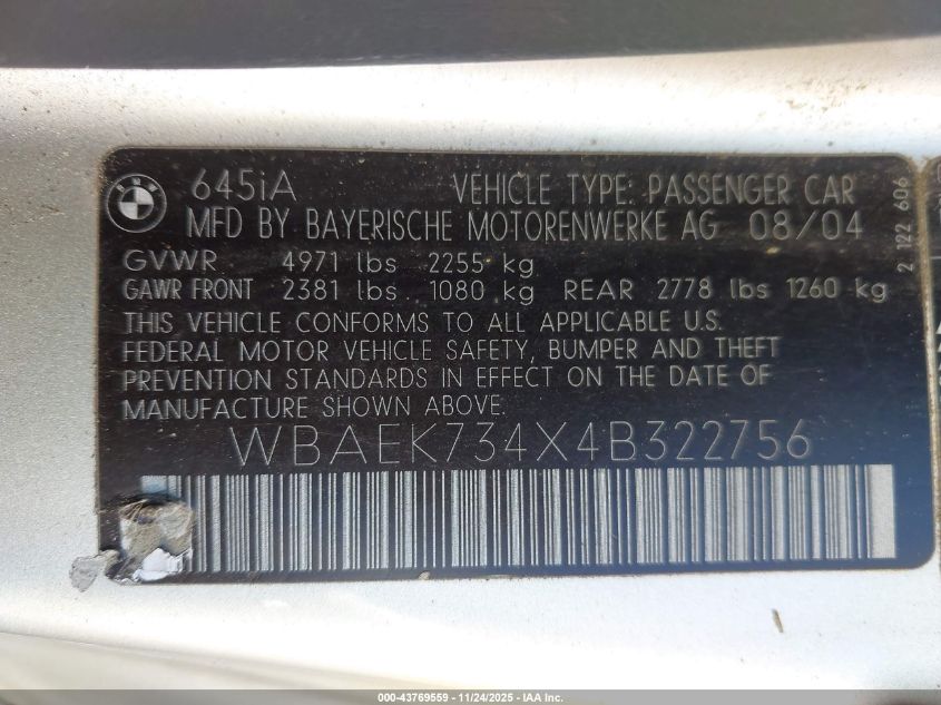 2004 BMW 645Ci VIN: WBAEK734X4B322756 Lot: 43769559