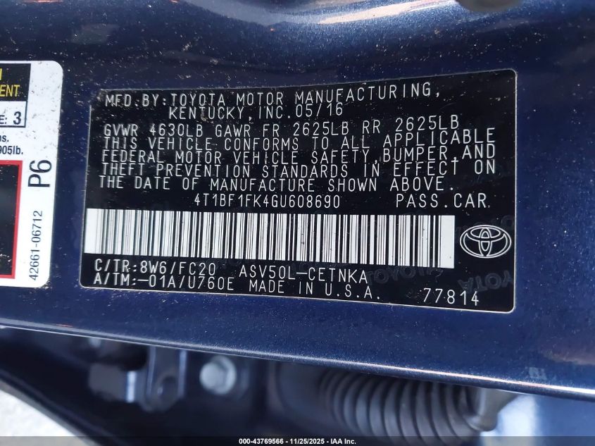 2016 Toyota Camry Le VIN: 4T1BF1FK4GU608690 Lot: 43769566