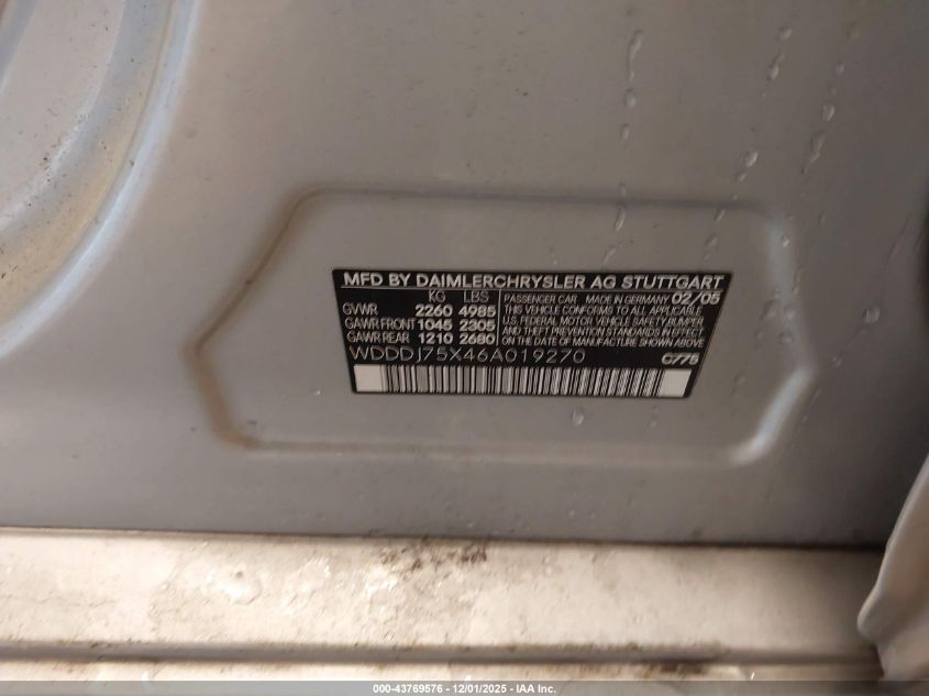 2006 Mercedes-Benz Cls 500 VIN: WDDDJ75X46A019270 Lot: 43769576