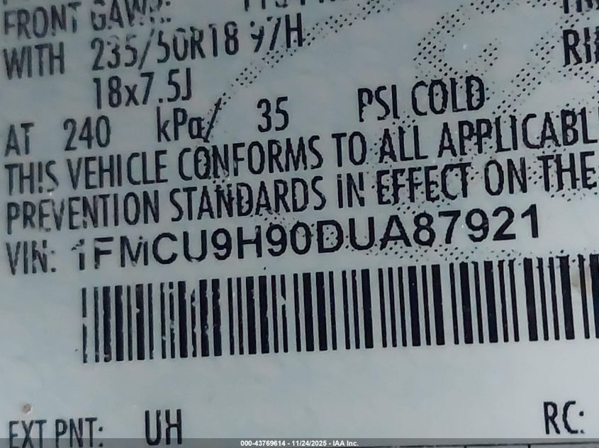 2013 Ford Escape Sel VIN: 1FMCU9H90DUA87921 Lot: 43769614