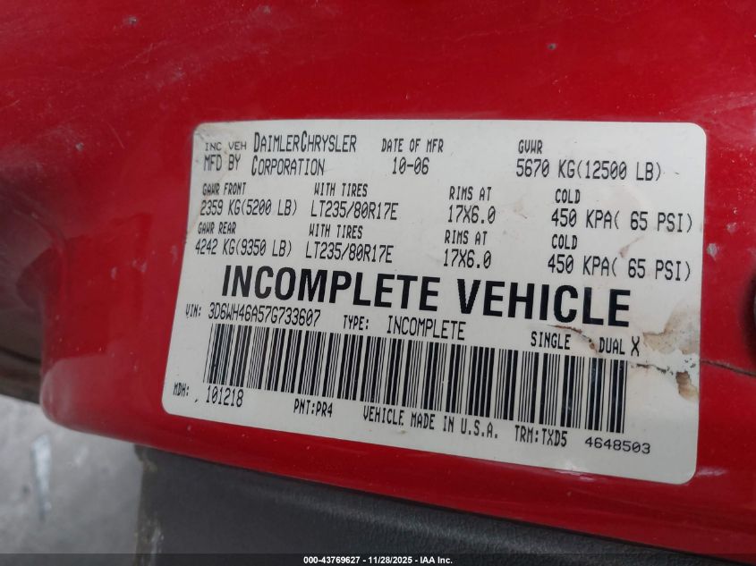 2007 Dodge Ram 3500 Hd Chassis St/Slt VIN: 3D6WH46A57G733607 Lot: 43769627