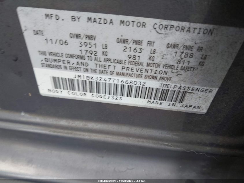 2007 Mazda Mazda3 S Touring VIN: JM1BK324771668032 Lot: 43769629