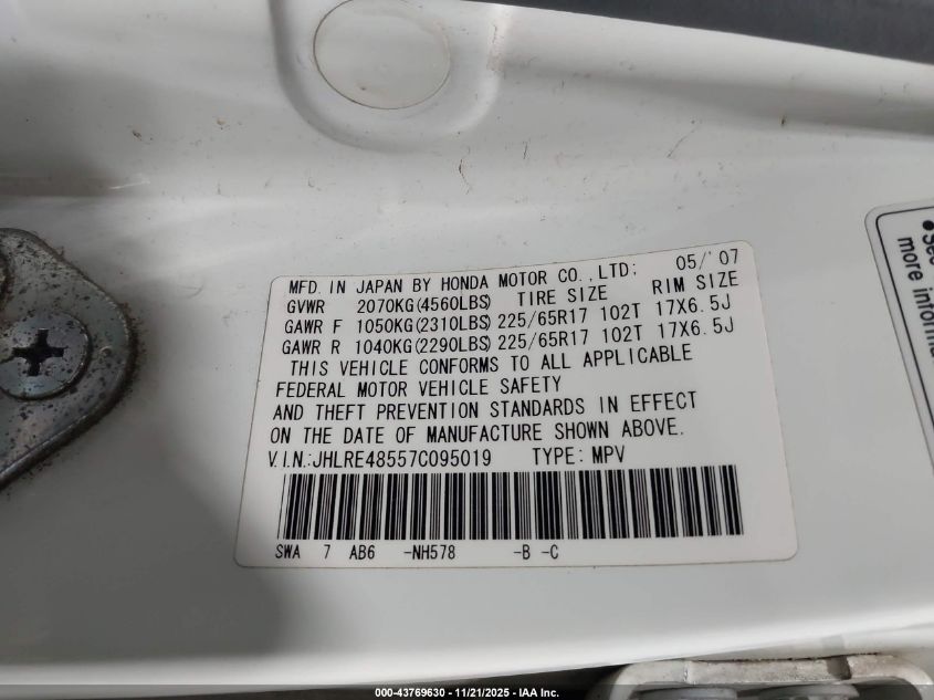 2007 Honda Cr-V Ex VIN: JHLRE48557C095019 Lot: 43769630