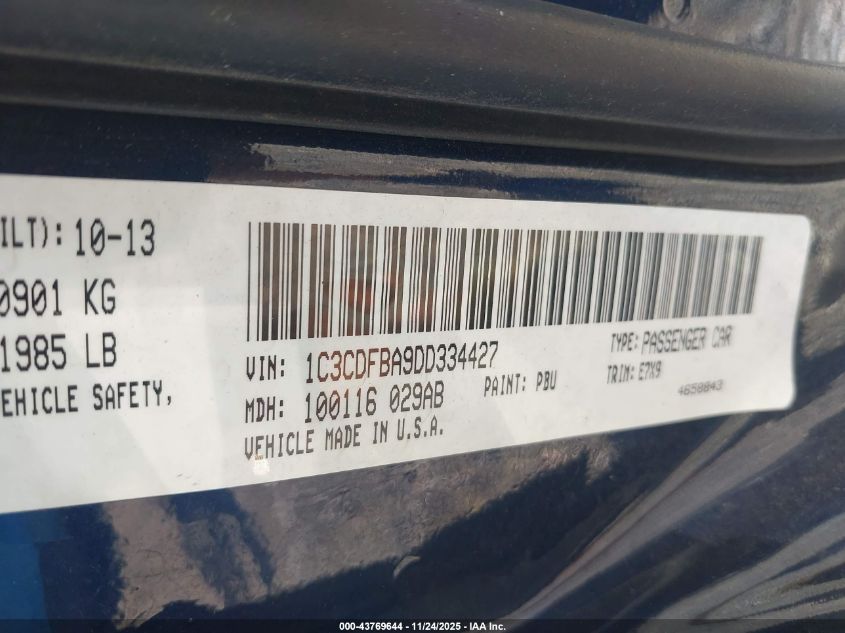 2013 Dodge Dart Sxt VIN: 1C3CDFBA9DD334427 Lot: 43769644