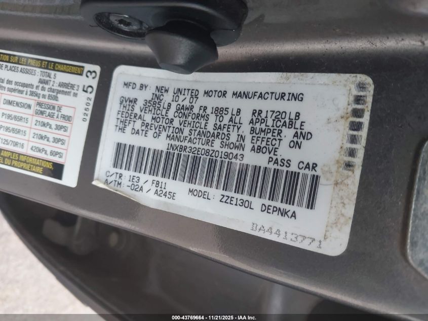 2008 Toyota Corolla Le VIN: 1NXBR32E08Z019043 Lot: 43769664