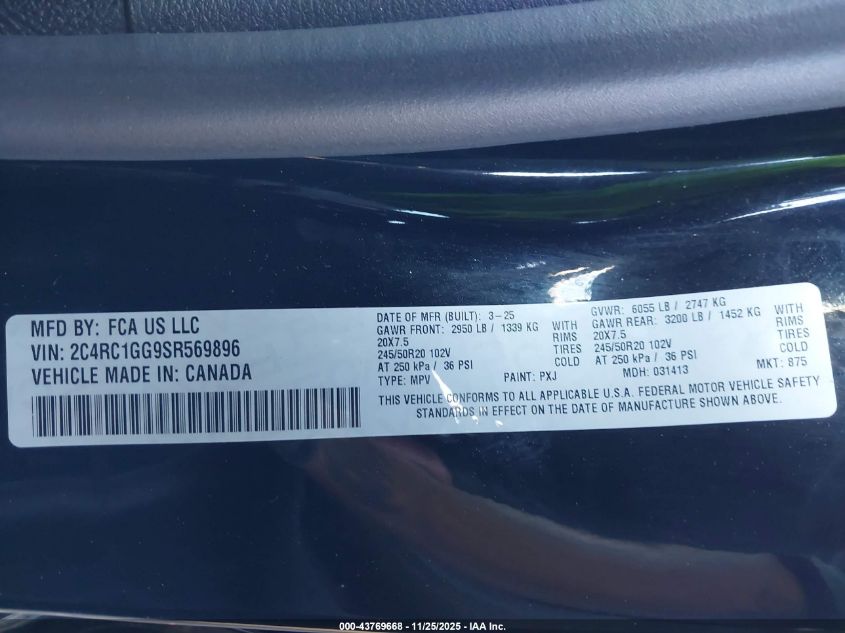 2025 Chrysler Pacifica Limited VIN: 2C4RC1GG9SR569896 Lot: 43769668