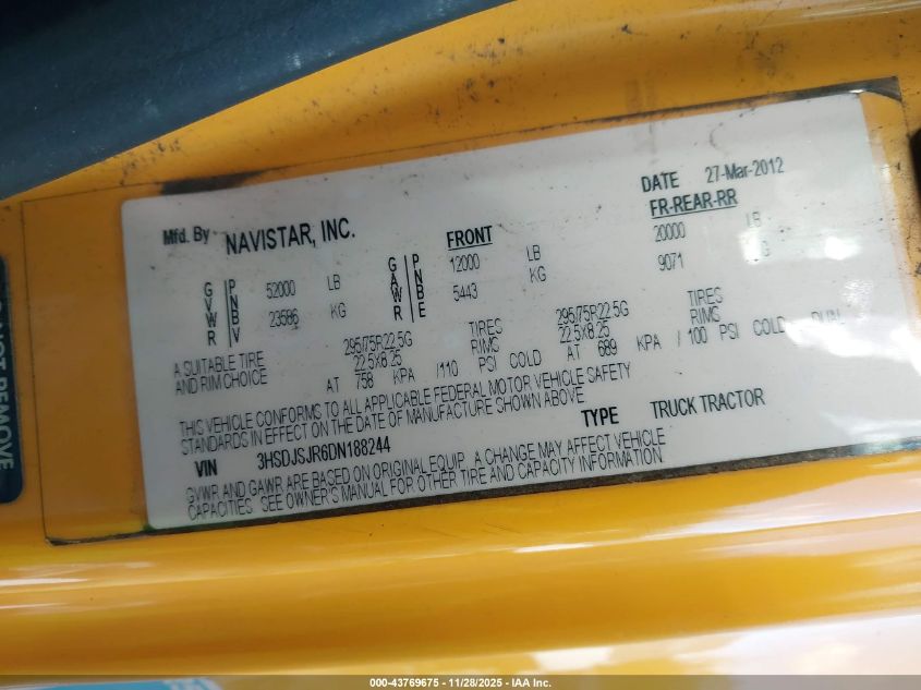 2013 International Prostar VIN: 3HSDJSJR6DN188244 Lot: 43769675