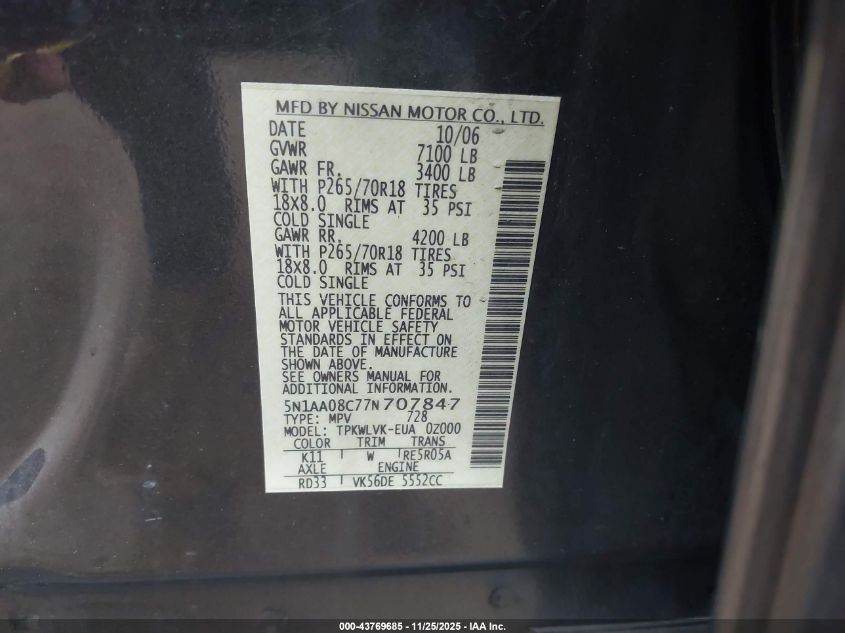 2007 Nissan Armada Le VIN: 5N1AA08C77N707847 Lot: 43769685