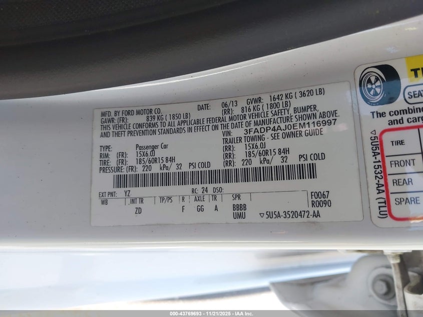 2014 Ford Fiesta S VIN: 3FADP4AJ0EM116997 Lot: 43769693