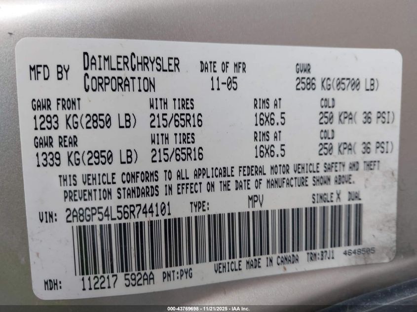 2006 Chrysler Town & Country Touring VIN: 2A8GP54L56R744101 Lot: 43769698