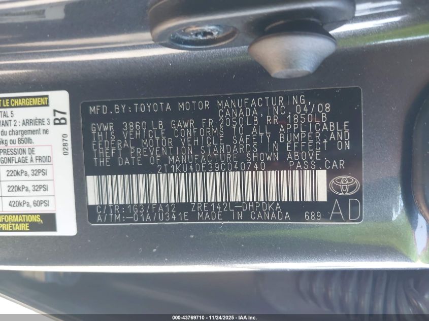 2009 Toyota Matrix VIN: 2T1KU40E39C040740 Lot: 43769710