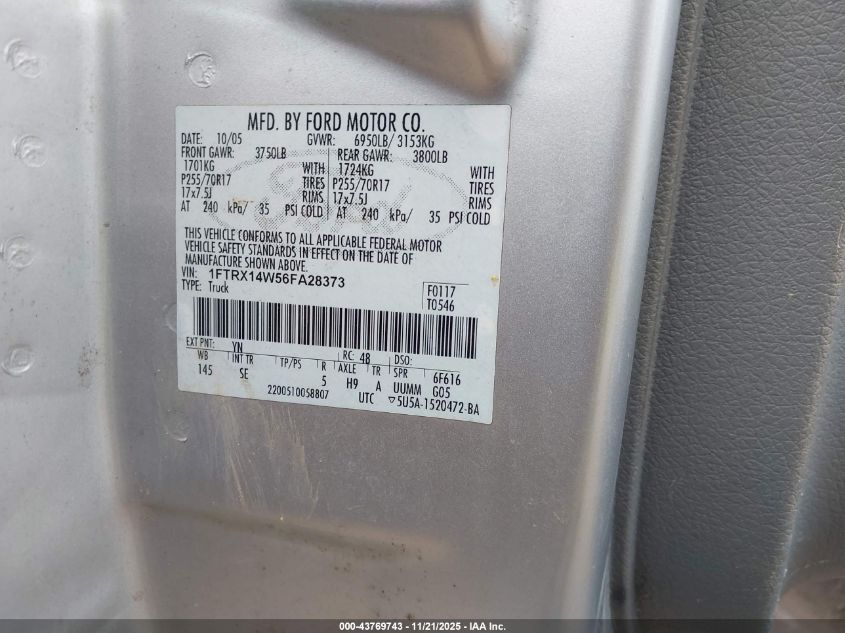 2006 Ford F-150 Stx/Xl/Xlt VIN: 1FTRX14W56FA28373 Lot: 43769743