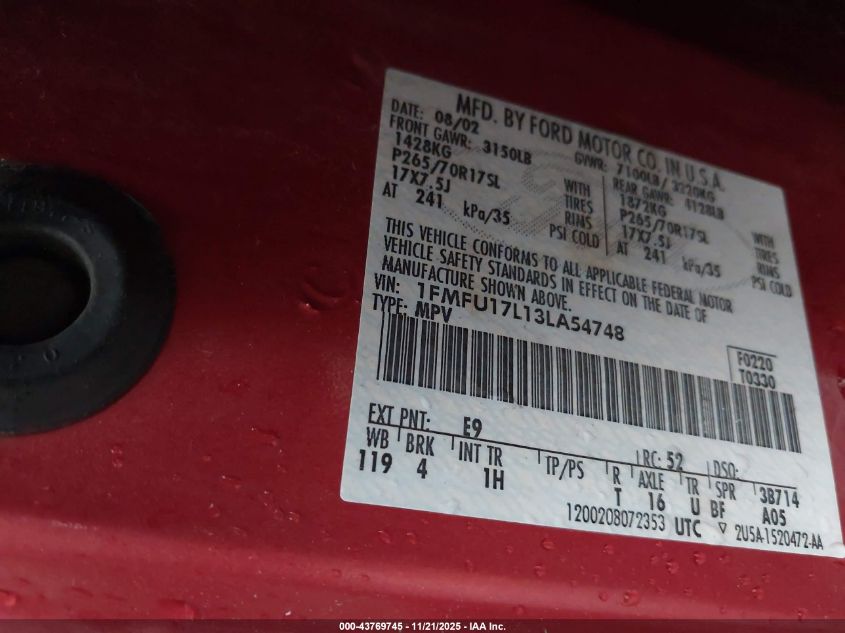 2003 Ford Expedition Eddie Bauer VIN: 1FMFU17L13LA54748 Lot: 43769745