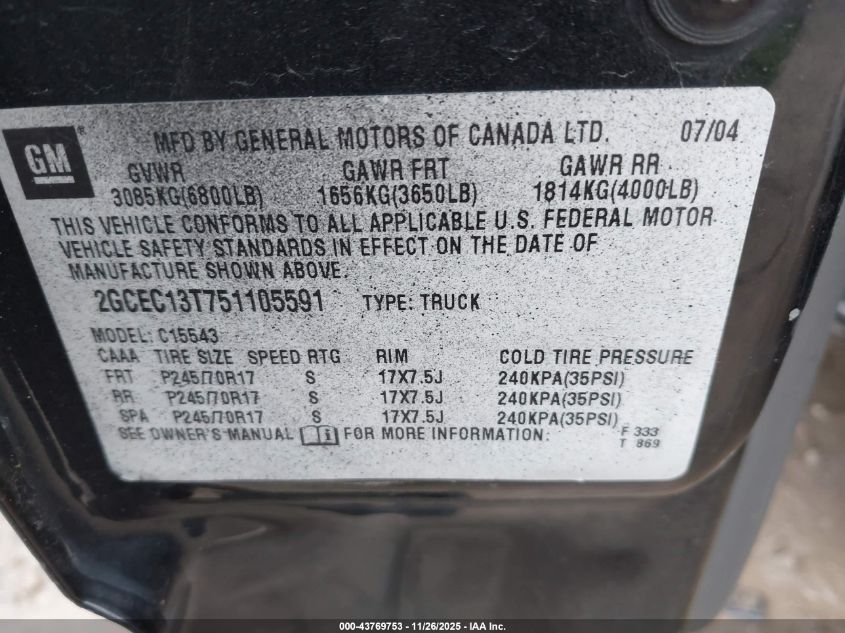 2005 Chevrolet Silverado 1500 Ls VIN: 2GCEC13T751105591 Lot: 43769753