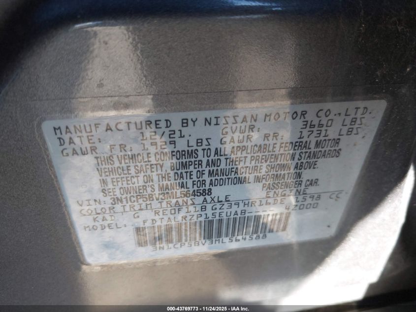 2021 Nissan Kicks S Xtronic Cvt VIN: 3N1CP5BV3ML564588 Lot: 43769773