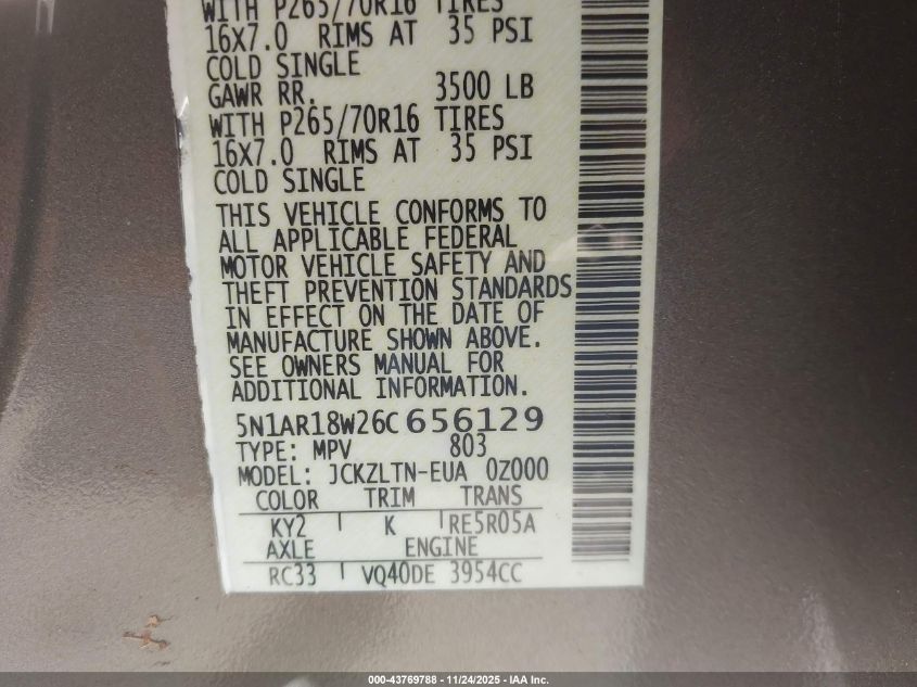 2006 Nissan Pathfinder Se VIN: 5N1AR18W26C656129 Lot: 43769788