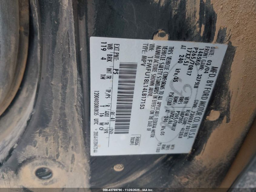 2004 Ford Expedition Eddie Bauer VIN: 1FMFU18L14LB17153 Lot: 43769790