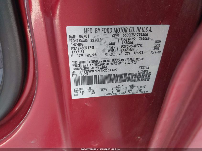2001 Ford F-150 Harley-Davidson Edition/King Ranch Edition/Lariat/Xlt VIN: 1FTRW07L91KC31491 Lot: 43769828