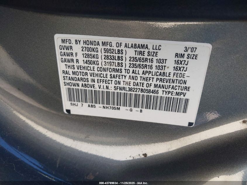 2007 Honda Odyssey Lx VIN: 5FNRL38227B058466 Lot: 43769834