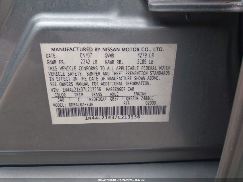 2007 Nissan Altima 2.5 S VIN: 1N4AL21E37C213556 Lot: 43769840