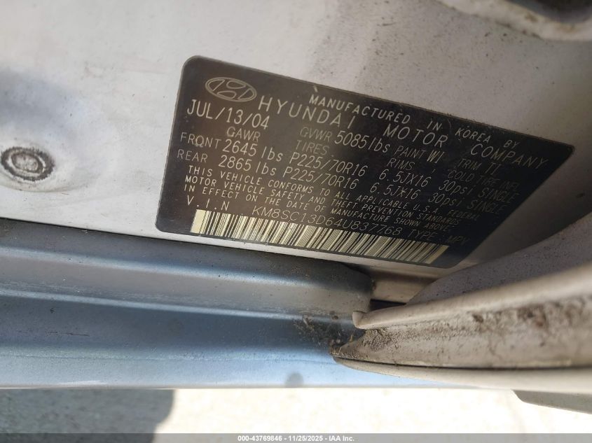 2004 Hyundai Santa Fe Gls VIN: KM8SC13D64U837768 Lot: 43769846