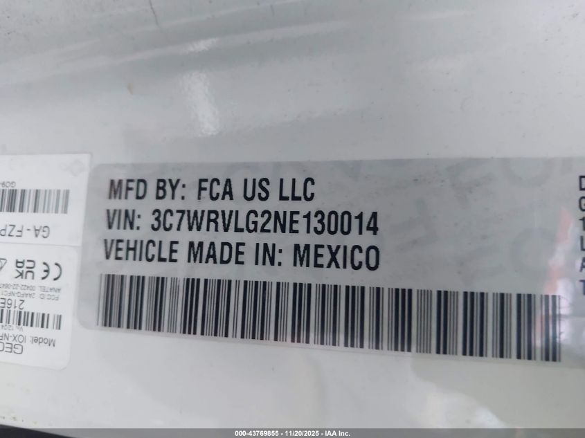 2022 Ram Promaster 3500 Cutaway Low Roof VIN: 3C7WRVLG2NE130014 Lot: 43769855