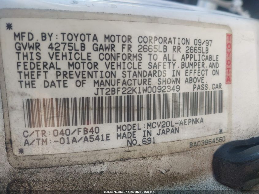 1998 Toyota Camry Ce/Le/Xle VIN: JT2BF22K1W0092349 Lot: 43769863