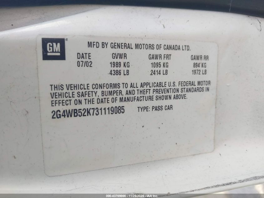 2003 Buick Regal Ls VIN: 2G4WB52K731119085 Lot: 43769866