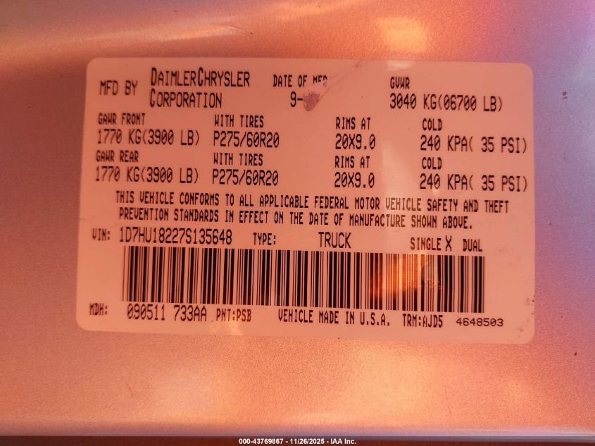 2007 Dodge Ram 1500 Slt/Trx4 Off Road/Sport VIN: 1D7HU18227S135648 Lot: 43769867