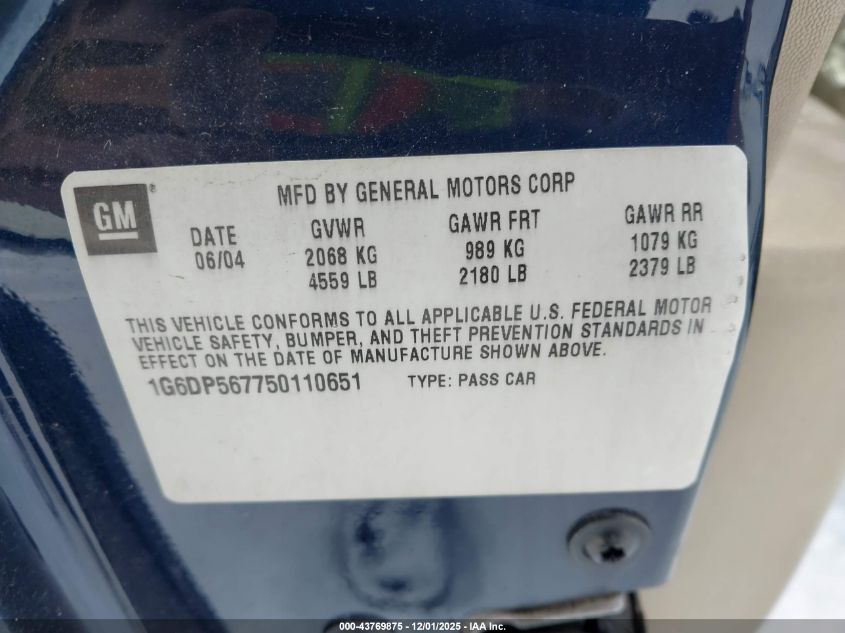 2005 Cadillac Cts Standard VIN: 1G6DP567750110651 Lot: 43769875