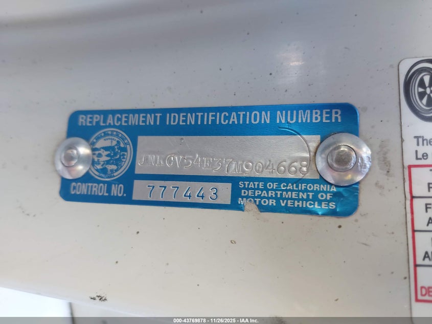 2007 Infiniti G35 VIN: JNKCV54E37M904668 Lot: 43769878