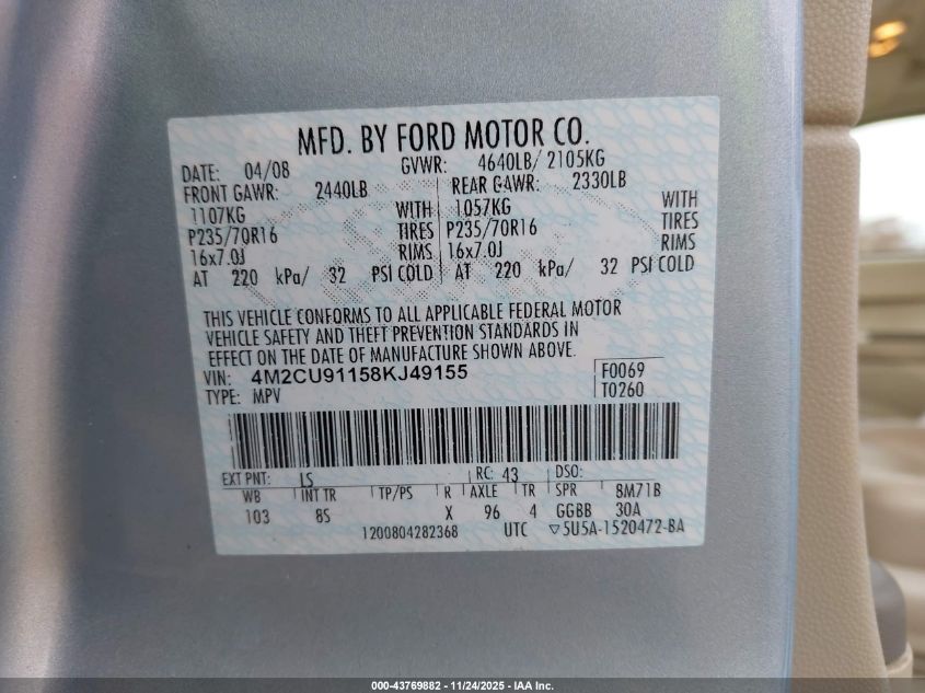 2008 Mercury Mariner V6 VIN: 4M2CU91158KJ49155 Lot: 43769882