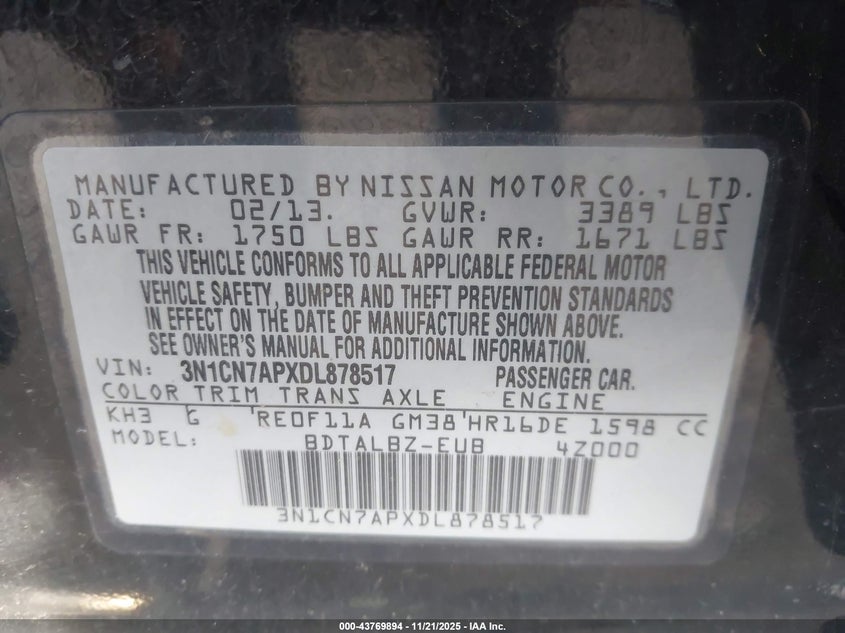 3N1CN7APXDL878517 2013 NISSAN VERSA photo no. 9