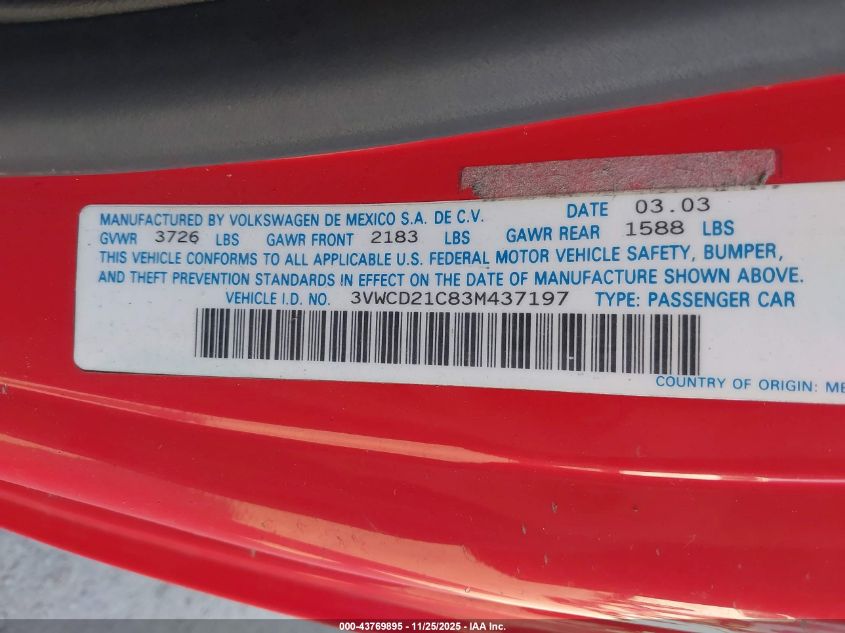 2003 Volkswagen New Beetle Gls 1.8T VIN: 3VWCD21C83M437197 Lot: 43769895